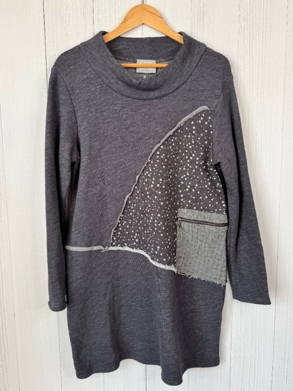 Chalet et Ceci Gray Patchwork Cowl Neck Tunic Sweatshirt Dress Size M NWT